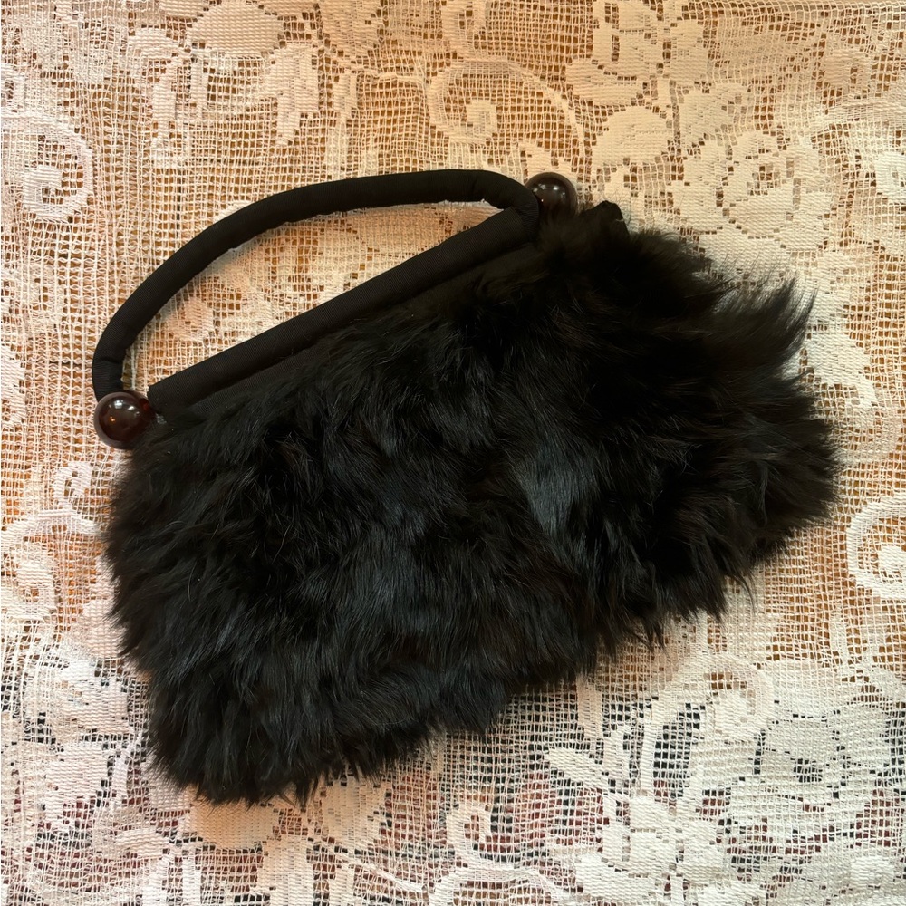 SOLD RARE Vintage 50’s Genuine Fur Purse Black W Amber Bakelite Accents